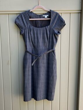 Banana Republic short sleeved sheath dress belted gray plaid 12P office wear